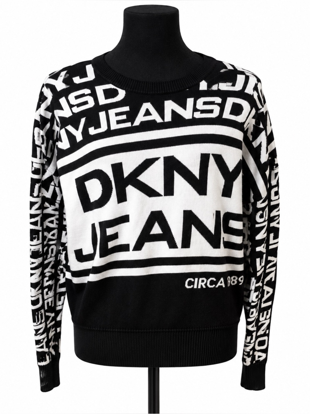 DKNY Jeans Circa 1989 Black & White Logo Graphic Knit Sweater Size L